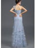 One Shoulder Blue Chiffon Tulle Chic Evening Dress